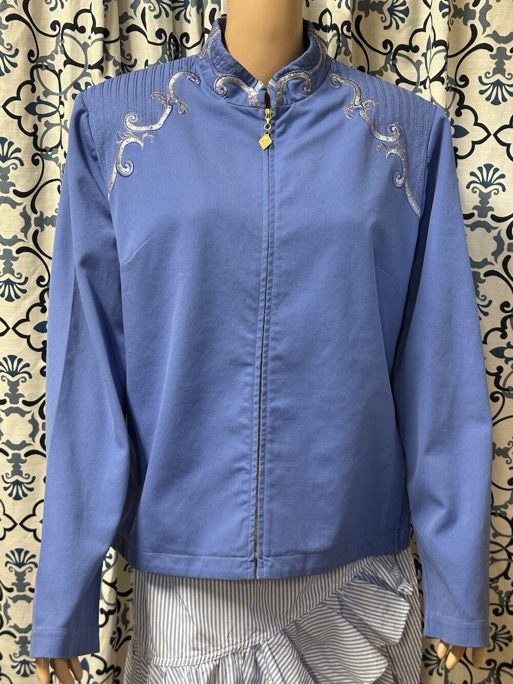 Saint John Sport Vintage Suit Set Jacket Only Women’s SZ L Blue Gold Embroidery